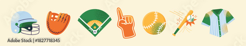 Baseball, Softball Equipment Vector Icons Set. Helmet, Glove, Field, Fan Finger, Ball, Bat, Uniform. Sports Gear Collection. American team sport competition concept. 
