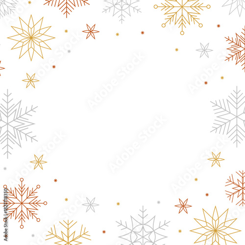 Vector christmas greeting template decorative frame with golden, silver and bronze snowflakes and stars on white background