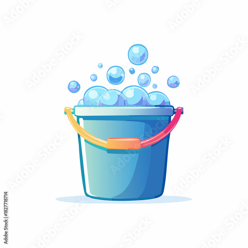 Blue Bucket Filled with Bubbles for Cleaning.