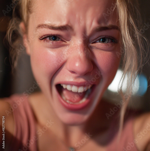 A close-up selfie photo capturing young blonde woman crying out loud