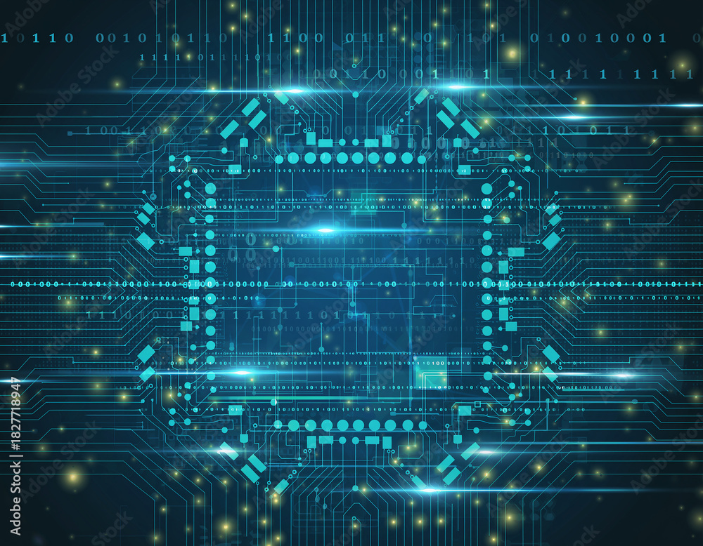 Obraz premium Abstract technological background with glowing circuit board pattern and digital data flow