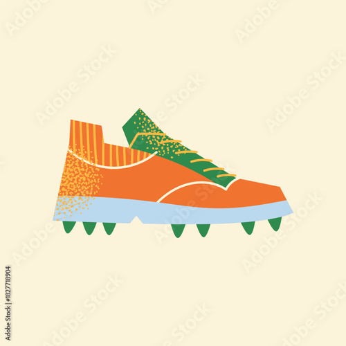 Sports Cleats Shoe Vector Icon. Orange and Green Turf Footwear with Studs. Baseball, Softball, Football, or Soccer Boot Illustration.  American team sport competition concept. 