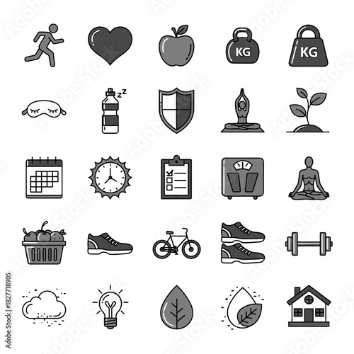 Set of healthy lifestyle icons representing fitness, wellness, and balanced living, vector art