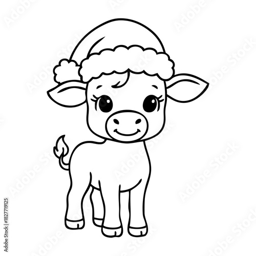 Dibujo sencillo con líneas de ternero simpático con sombrero de Santa Claus para tarjetas y felicitaciones de Navidad