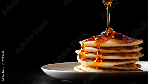 Photo of a stack of pancakes with maple syrup being poured over the top on a white plate, against a solid black background.