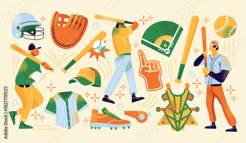 Baseball players with bats, ball, glove, helmet, field diagram, uniform and equipment isolated on background. Vector flat illustration. Baseball sport and training concept. American game competition