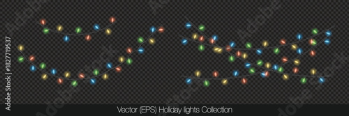 Realistic Holiday lights set isolated on transparent background. Decorative colorful string lights. Vector twinkle lights set. Christmas lights collection. Realistic Holiday Light bulb garland