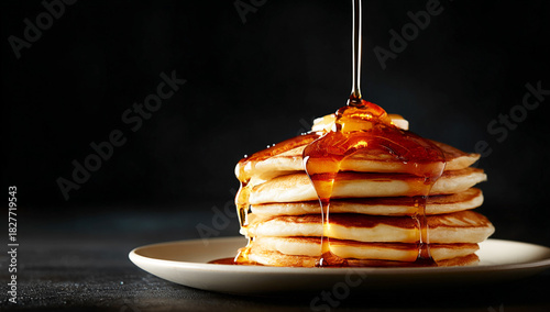 Photo of a stack of pancakes with maple syrup being poured over the top on a white plate, against a solid black background.