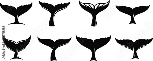 Whale Tails Silhouettes Collection, Marine Animal Isolated on Transparent Background