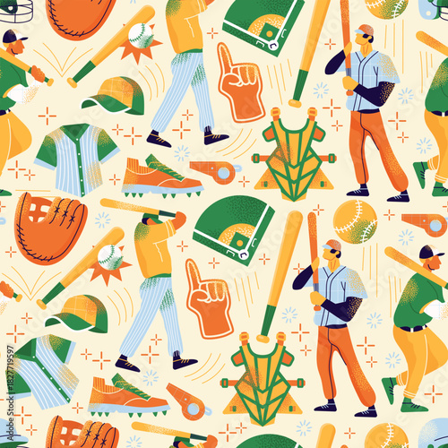 Baseball players seamless pattern with bats, ball, glove, helmet, field diagram, uniform and equipment. Vector flat illustration. Baseball sport and training concept. American game competition