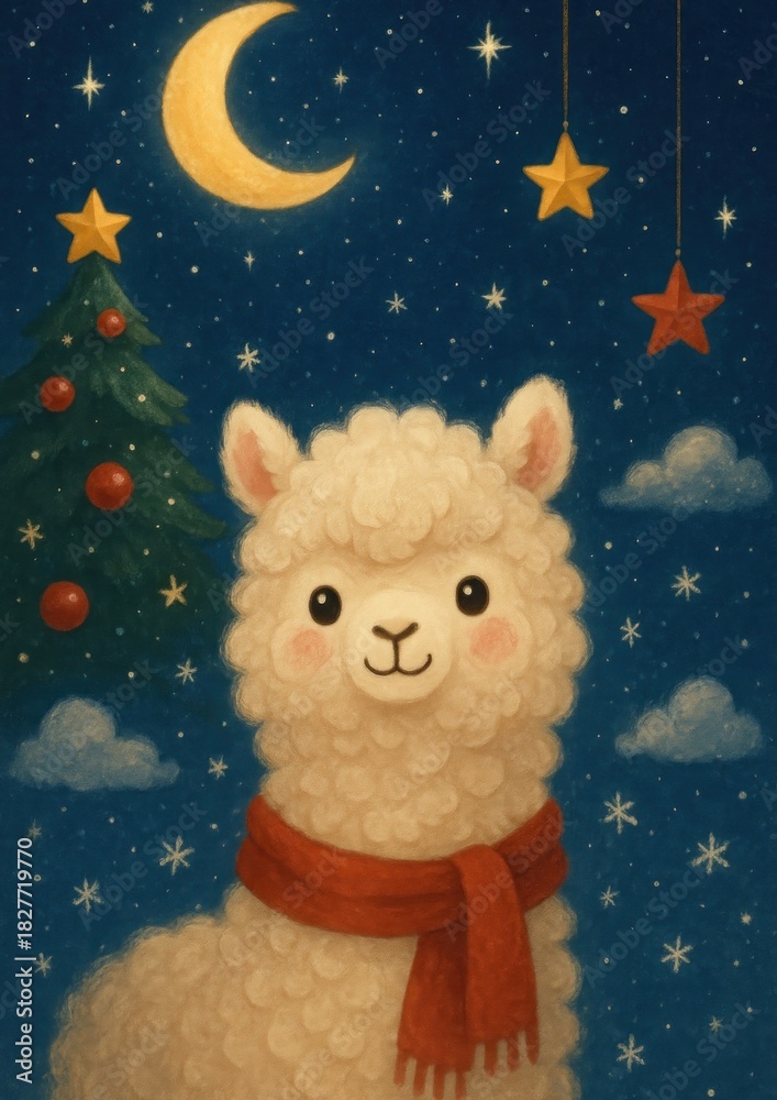 Naklejka premium Cute alpaca under starry sky.