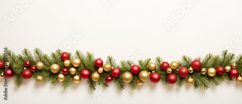 Festliche Weihnachtsgirlande mit roten und goldenen Kugeln isoliert auf Weißem Hintergrund