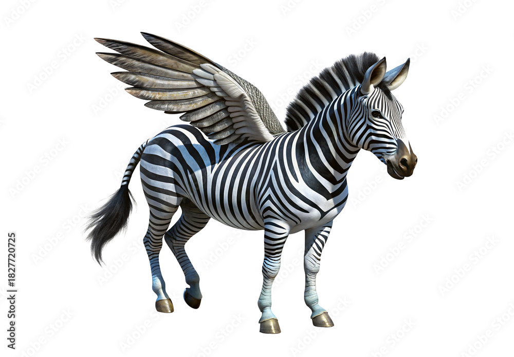 Fototapeta premium Winged zebra with detailed striped pattern and majestic eagle-like wings extended upward, isolated on a transparent background