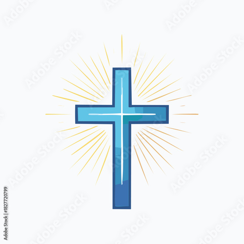 Blue Christian Cross with Light Rays on White Background.