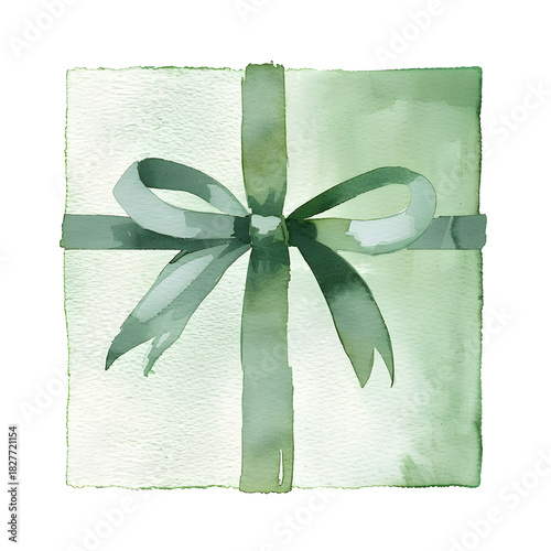 Watercolor Gift Box with Green Ribbon, Soft Illustrative Style on White Background
