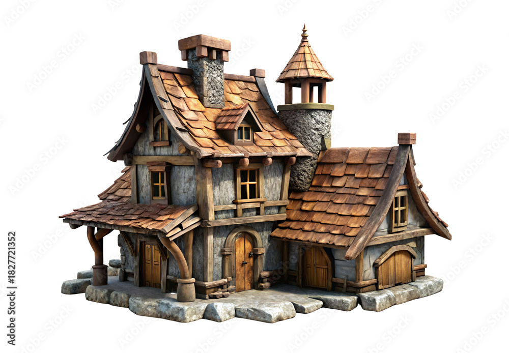 Fototapeta premium Whimsical medieval cottage with curved roof tiles and stone chimney details, isolated on a transparent background