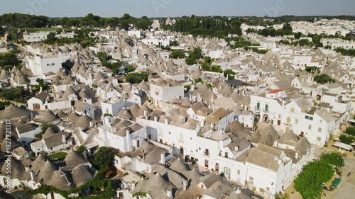 Drone view of Alberobello’s iconic trulli homes in Puglia, Italy, showcasing the whitewashed stone architecture and scenic historic streets on a bright summer day.
