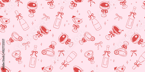 Seamless vector pattern with whimsical cocktails, hand drawn modern background, allover girly pink print