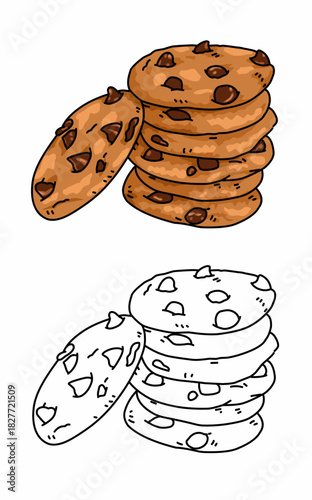 coloring book with delicious chocolate chip cookies issolated on white. Pastry food