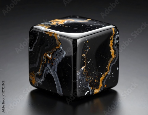 Black cube with orange, gray, and white swirling patterns on a reflective dark surface under dramatic lighting