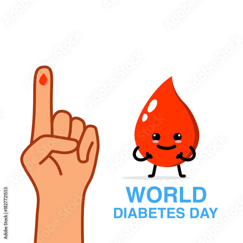 Cute blood drop character with raised finger for diabetes awareness