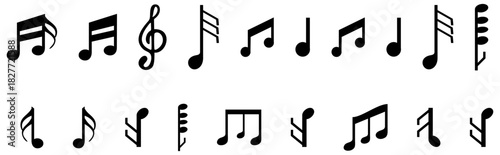 Music note black icons set. Isolated music notes symbols on white background. Simple musical notes signs. Vector illustration