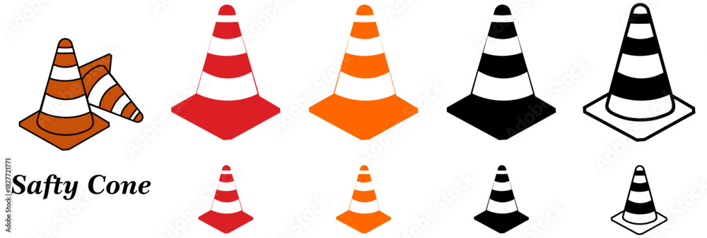 Naklejka premium Traffic cone illustration set, black-white outline to red and orange versions, four styles progression for safety signage, icon design, vector artwork template