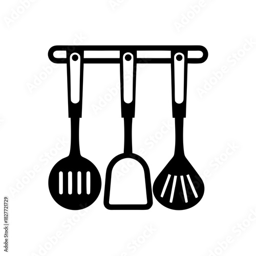 Kitchen utensils hanging on a rack on transparent background silhouette