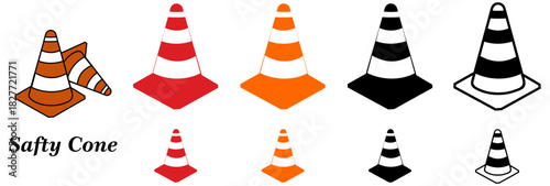 Traffic cone illustration set, black-white outline to red and orange versions, four styles progression for safety signage, icon design, vector artwork template