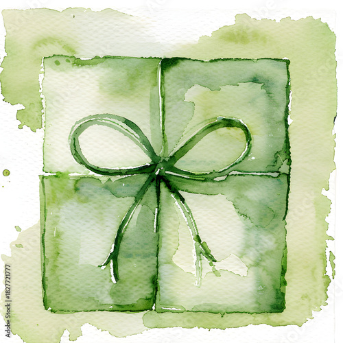 Watercolor Gift Box with Green Ribbon, Soft Illustrative Style on White Background