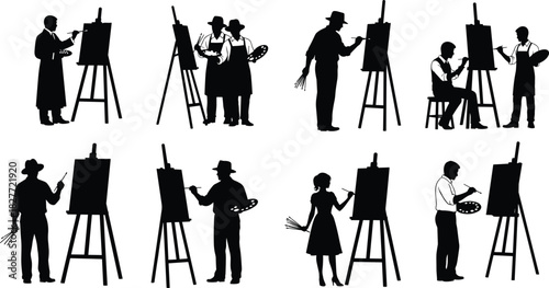 Artists Painting Silhouettes Collection; Set of Vector Graphics Showing People Working on Easel, Using Brushes, Palettes, and Canvas; Art, Creativity, Hobby, and Professional Painter Concept.