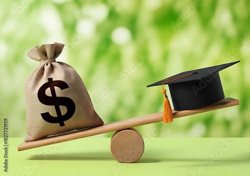 Money bag and graduation cap on a balanced scale dollar