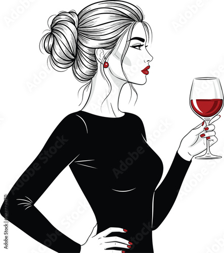Beautiful elegant woman portrait holding a glass of red wine, black dress, sophisticated glamour stylized vector illustration, isolated white background graphic asset.