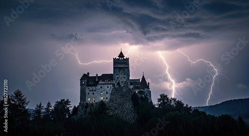 Bran Castle Underneath a Dramatic Night Sky with Intense Thunderstorm