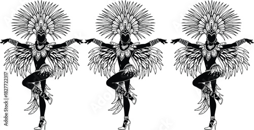 Brazilian Samba Dancer Silhouettes; Repeated Black and White Vector Graphic of Woman in Carnival Costume with Feathers; Rio Carnival, Celebration, Dance, Culture, and Party Concept Illustration.