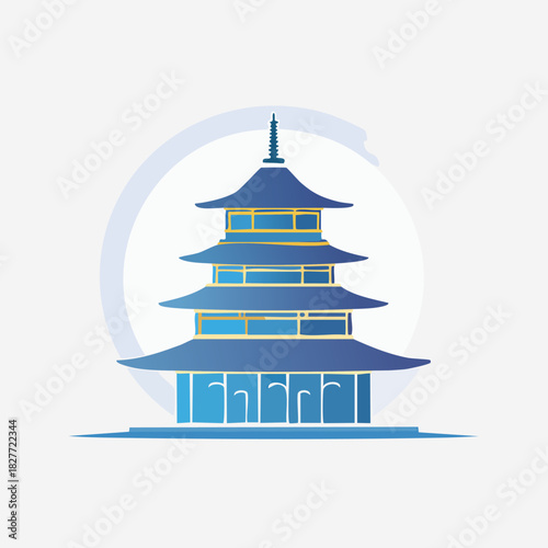 Blue Japanese Pagoda Architecture Illustration.