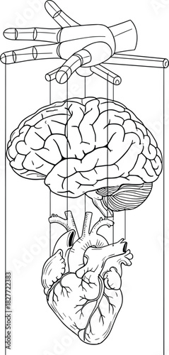 Brain and Heart Puppet Line Art; Hand-Drawn Outline of Human Organs Controlled by Marionette Strings; Control, Manipulation, Psychology, Emotion, and Mind-Body Connection Concept Vector.