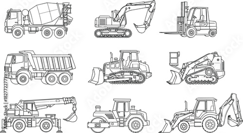Construction machinery vector set, heavy equipment line art collection, excavator, dump truck, bulldozer, crane, forklift, cement mixer, road roller, industrial vehicle icons, sketch.