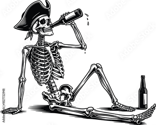Drunken Pirate Skeleton Engraving; Black and White Vector Drawing of Dead Buccaneer Drinking Rum from Bottle; Alcoholism, Halloween, Nautical, and Mortality Concept Illustration.