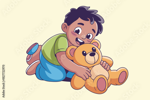 A smiling child in a green shirt and blue pants cuddles a fluffy, golden brown teddy bear