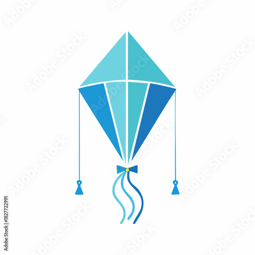 Blue Kite with Ribbon and Tassels Flying in the Sky.