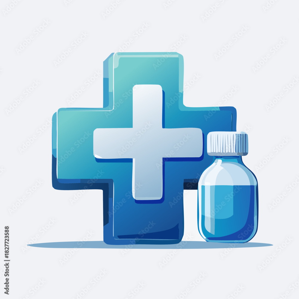 Obraz premium Blue Medical Cross Symbol with Medicine Bottle Illustration.