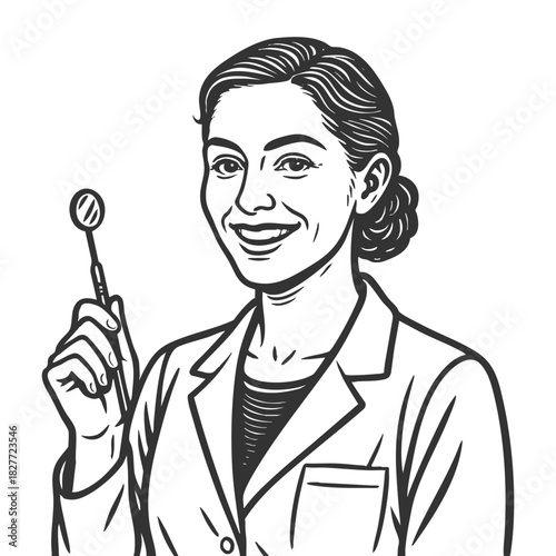confident woman dentist in a lab coat holding a dental mirror, ideal for oral health themes sketch engraving fictional character vector illustration. Scratch board. Black and white image