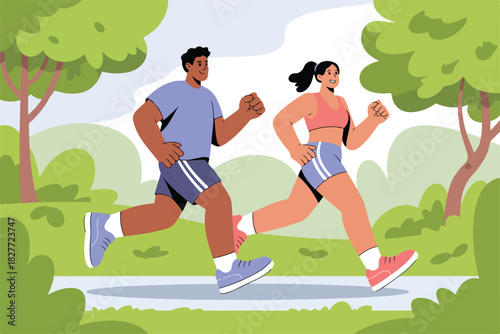 A cartoon depicts a man and woman jogging side-by-side on a path. They're surrounded by greenery
