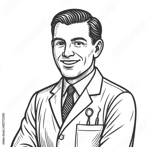smiling male dentist in coat with dental tools, perfect for healthcare or clinic themes sketch engraving fictional character vector illustration. Scratch board. Black and white image.