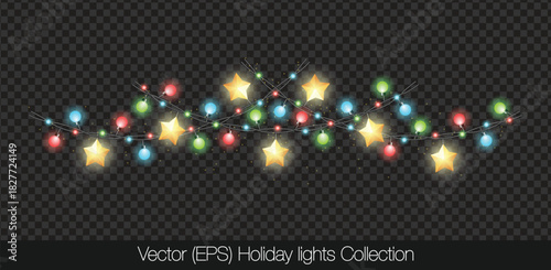 Charming Holiday lights with glowing stars, colorful light bulbs and twinkles, isolated on transparent background. Decorative colorful string lights with twinkle
