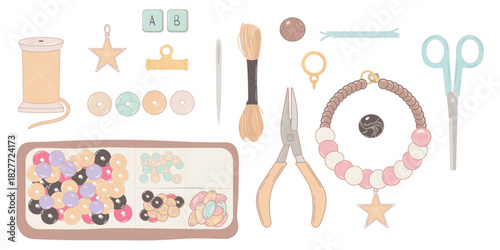 Hand-drawn DIY beading kit. Top view of a creative workspace with beads, tools, threads, and a bracelet
