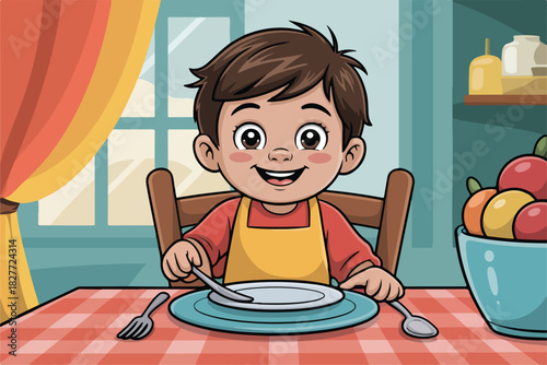 A cheerful cartoon child sits at a table set for a meal, a plate and silverware at the ready, smiling