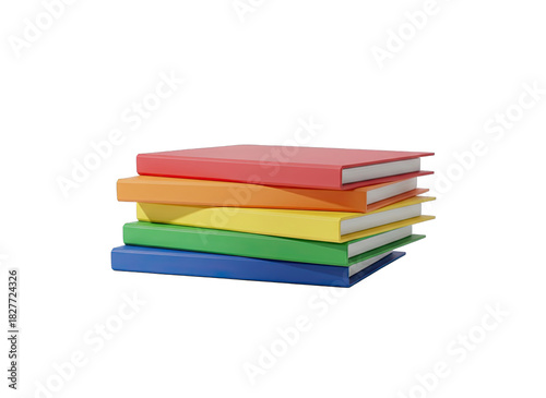 Stack of Five Books in Rainbow Colors with Red Orange Yellow Green and Blue Covers and White Pages Isolated on a Black Background