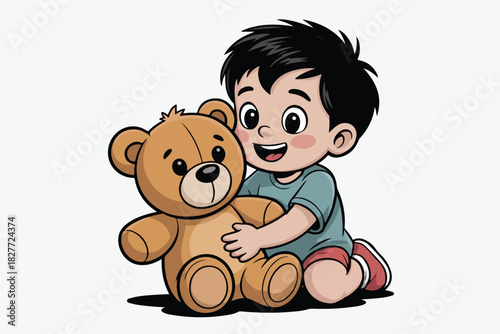 A cartoon child kneels, embracing a teddy bear. The child has black hair, a smile, and pink cheeks